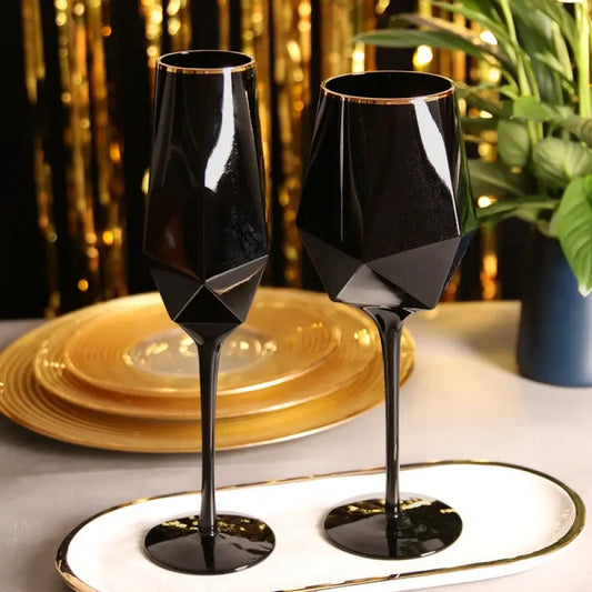 Kit with 2 Black & Gold Duo glasses 2 Glasses (Wine + Champagne) Crystal Glasses