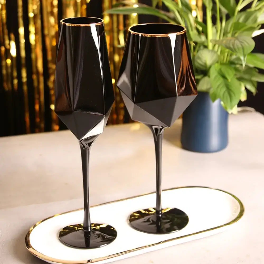 Kit with 2 Black & Gold Duo glasses 2 Glasses (Wine + Champagne) Crystal Glasses